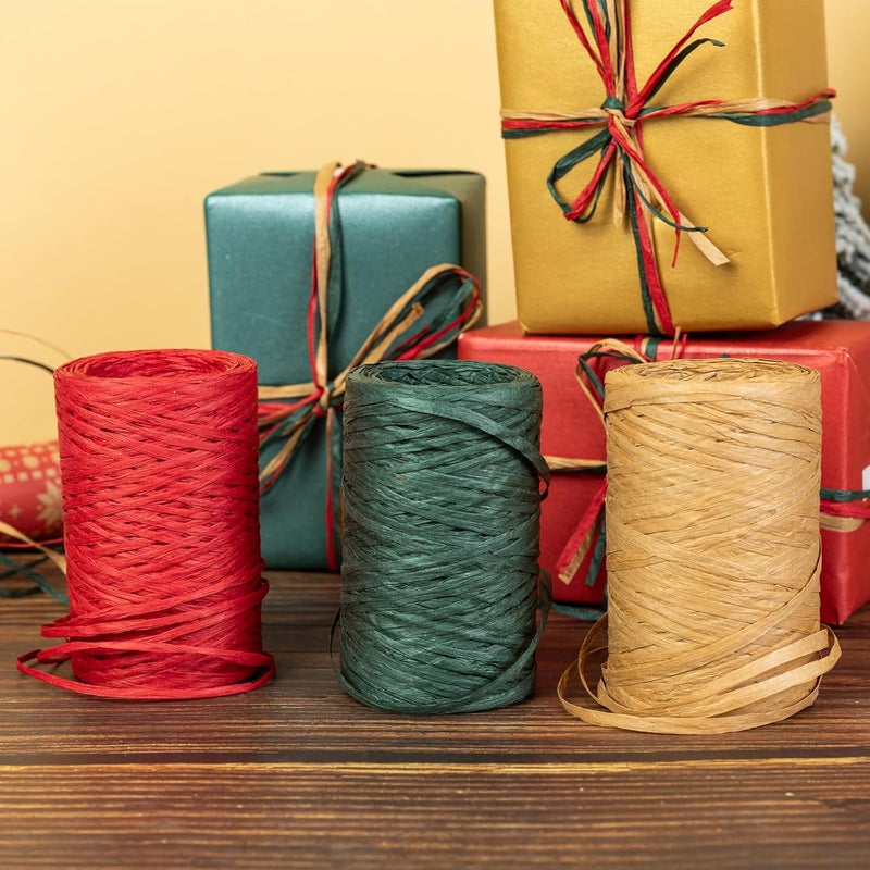 Jocomoni 3 Roll Raffia Ribbon 984ft Raffia Paper Ribbon Red Green Kraft Raffia Paper Twine Wrapping Ribbon for Christmas Gift Wrapping DIY Craft Supply（328ft Each Roll） - Image 5